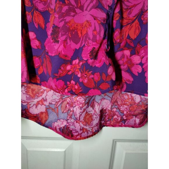 Adyson Parker Pink Purple Floral Ruffle Button-Up High Low LS Blouse Top L - Picture 6 of 9